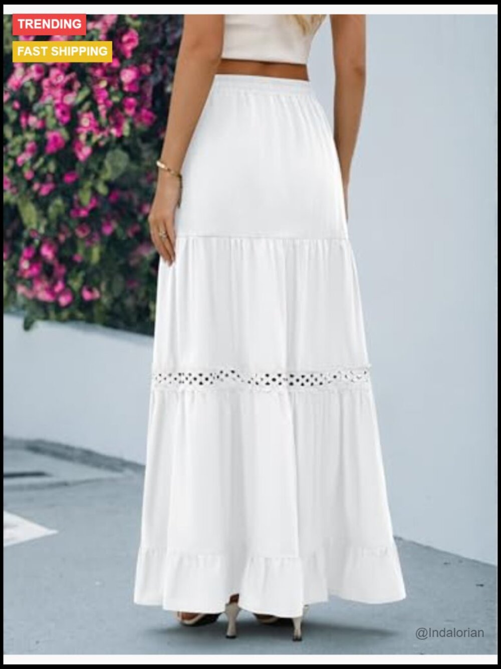 Boho Lace Crochet Tiered Flowy A-Line Maxi Skirt - Picture 6 of 7